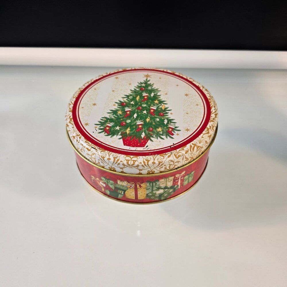 Christmas Holiday Round Cookie Candy Tin Empty Gift Box